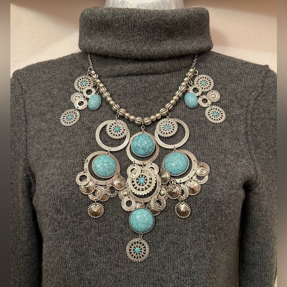 Silver And Turquoise Dangle Bib Statement Necklace - image 1